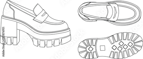 Women chunky platform loafers shoes with block heel and lug sole set, side top bottom view fashion technical flat sketch vector, cad drawing flat vector illustration,