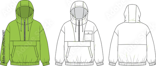 Unisex quarter zip anorak hoodie jacket with kangaroo pocket and high neck, front and back view fashion technical flat sketch vector, cad drawing flat vector illustration,