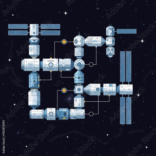 Space Station Modules Connected in Orbit, Futuristic Spacecraft Design