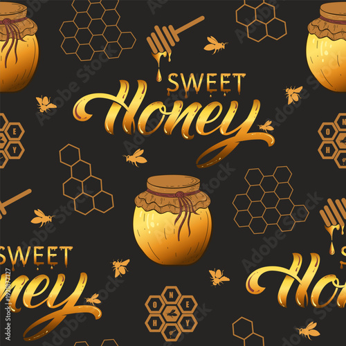 Vector honey seamless pattern with honeycombs, pot, bees and lettering. Organic honey food background.