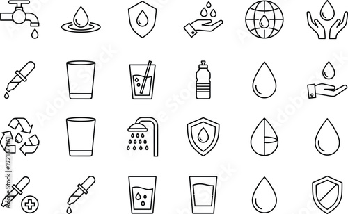 Water conservation and liquid drop line icon set with recycle, tap, glass, and protection symbols, flat vector illustration cad drawing,