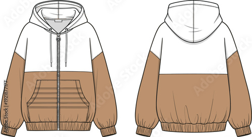 Women oversized color block zip up hoodie jacket with kangaroo pockets and ribbed cuffs, fashion technical flat sketch vector, cad drawing flat vector illustration,