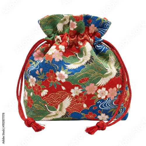 Obraz na plátně Traditional Japanese drawstring pouch with crane and floral pattern
