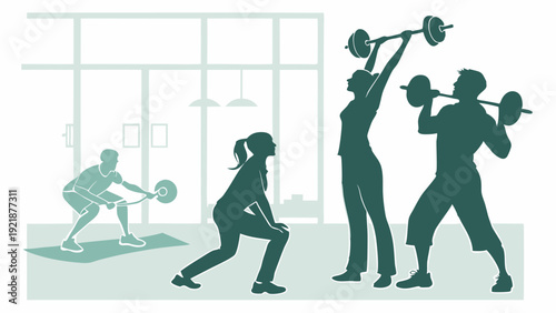 Diverse Group Strength Training with Barbells in Bright Gym for Fitness Website Banner or Health Advertisement