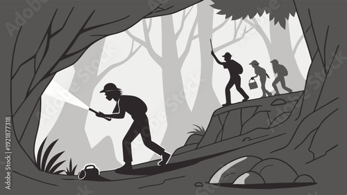 Explorers Discovering Dark Cave Entrance with Flashlight Adventure Journey for Geology or Outdoor Education Web Design