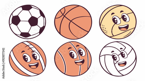 Cute Sports Balls Characters Set Soccer Basketball Volleyball for Kids Education Design Fun Game Illustration
