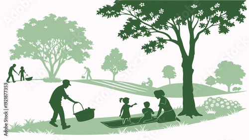 Family Picnic in Sunny Summer Park Silhouette for Outdoor Lifestyle Advertising and Recreation Website Design