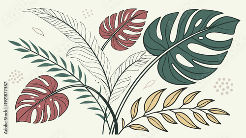 Lush Tropical Foliage Illustration for Summer Vacation Brochures Website Banners Spa Decor