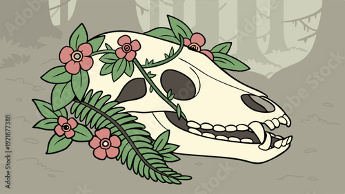 Animal Skull Adorned With Flowers And Ferns For Occult Pagan Rituals Or Nature Spirituality Design