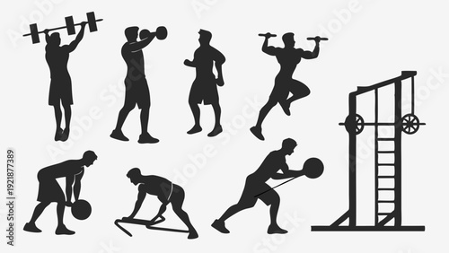 Fitness Silhouettes Set Weightlifting Workout Icons for Gym Website Design and Health Training App Graphics