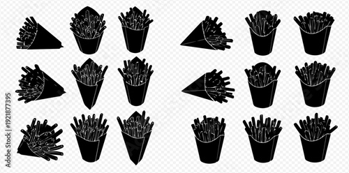 A comprehensive set of black silhouette icons featuring French fries in various paper packaging styles.
