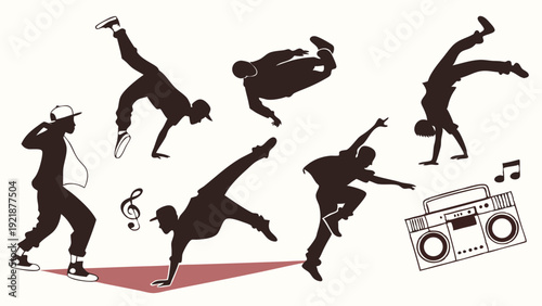 Dynamic Breakdance Silhouettes for Hip Hop Event Flyers Sports Apparel Web Design Energetic Youth Culture Movement