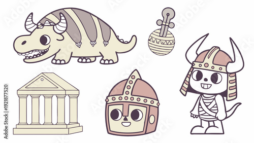 Cute Cartoon Dinosaur Viking Warrior Ancient Temple Set for Kids Game Design or History Education Graphics