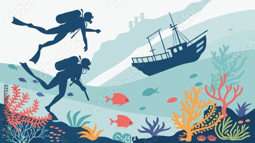 Scuba Divers Exploring Sunken Shipwreck Underwater Ocean Scene for Travel Tourism Adventure Design