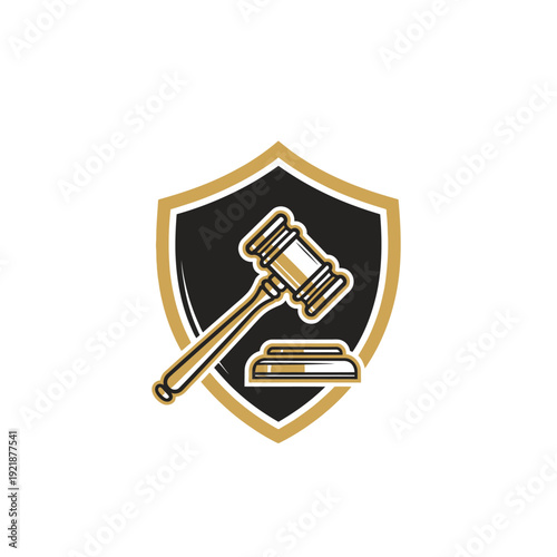 Golden Gavel and Sounding Block on Shield Icon, Law and Justice Symbol on Isolated White Background