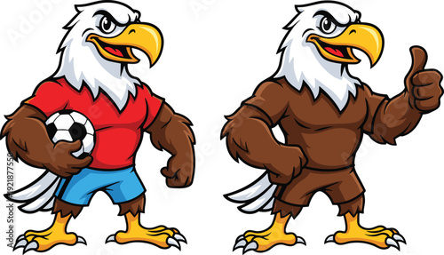 Bald eagle mascot character set featuring a muscular bird holding a soccer ball and giving a thumbs up, sports vector.