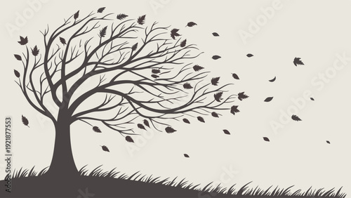 Wind Blown Tree Losing Leaves Symbolizing Change Resilience Autumn Season Weather Graphic for Web Design or Seasonal Promotion