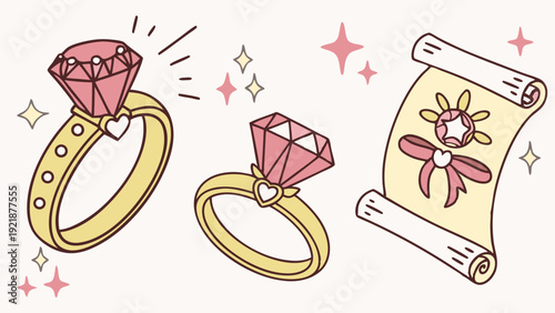 Sparkling Pink Diamond Engagement Rings and Royal Scroll Certificate for Wedding Invitations or Luxury Jewelry Sales Promotion