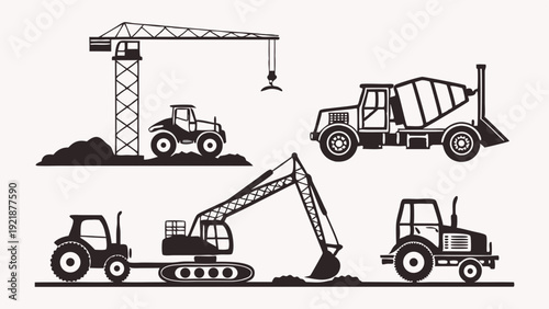 Construction Equipment Icons Set Crane Excavator Cement Truck Tractor for Building Industry Web Design and Print Projects