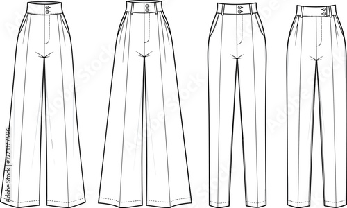 Technical CAD drawing flat vector illustration of high waisted wide leg and straight trousers for women, fashion design template.