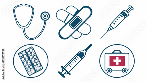 Medical Icons Set Stethoscope Bandages Syringe Pills First Aid Kit for Healthcare Web Design Clinic Promotion Insurance Marketing Materials