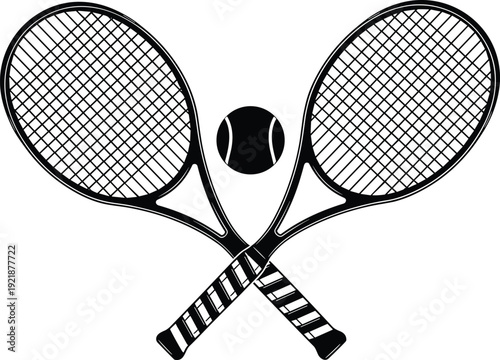 Vector illustration of two crossed tennis rackets and a ball, black and white sports equipment icon isolated on white background.