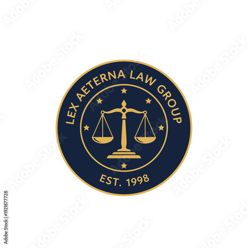 Lex Aeterna Law Group established 1998 circular logo with scales of justice and stars on isolated white background