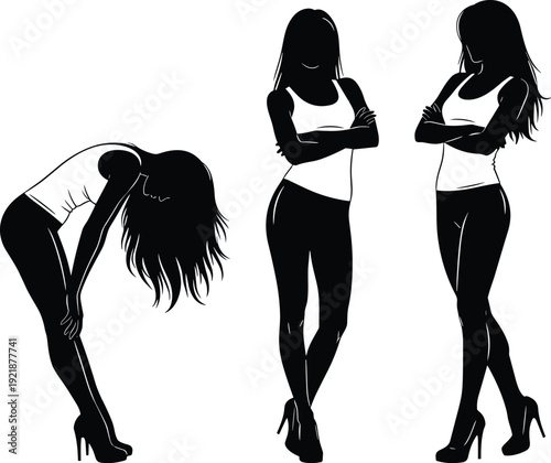 Set of three black and white fashion silhouettes featuring a young woman in tank top and leggings posing in various stances.