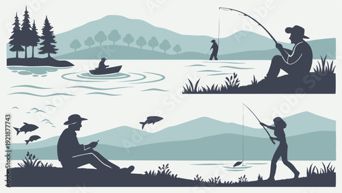 Silhouette Set of Diverse People Fishing Relaxing by Lake Mountains Scenic Outdoor Recreation Summer Vacation Activity Illustration
