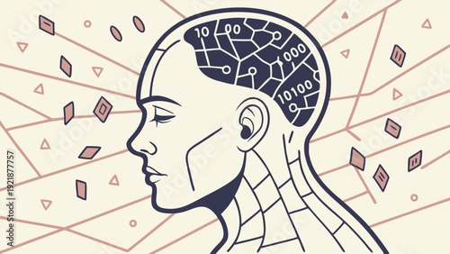 Cyborg Head Profile with Binary Code Brain for AI Technology Development and Future Machine Learning Innovation