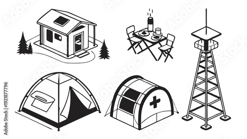 Emergency Shelter and Field Operations Icons for Disaster Relief Camp Setup and Outdoor Survival Planning