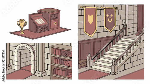 Medieval Castle Interior Design Elements for Game Development Fantasy Library Hallway Staircase Assets
