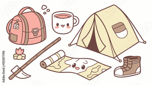 Cute Kawaii Camping Gear Illustration for Outdoor Adventure Travel Web Design and Seasonal Vacation Promotion