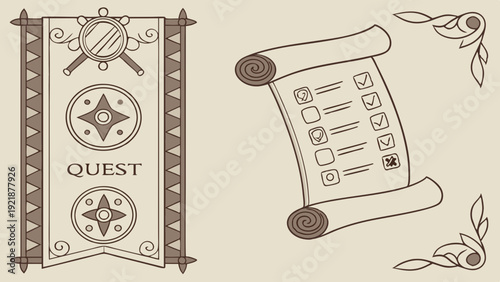Fantasy Game Quest Banner and Scroll Checklist for Adventure Planning or Task Management Success