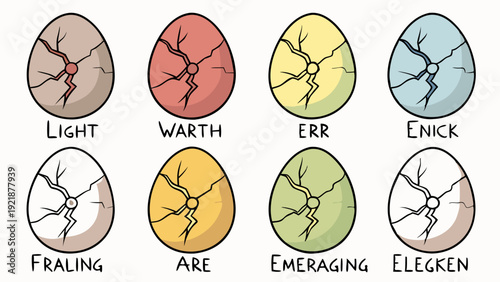 Eight Cracked Fantasy Dragon Eggs Labeled with Unique Names for Game Development or Storytelling Assets
