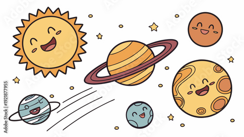 Cute Cartoon Solar System Planets and Happy Smiling Sun for Kids Education and Space Science Web Design Projects