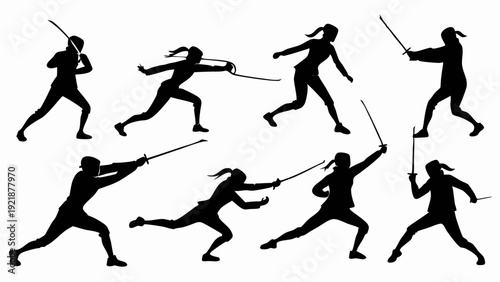 Dynamic Silhouettes of Female Fencers Practicing Sword Fighting Techniques for Sports Training or Martial Arts Web Design Projects