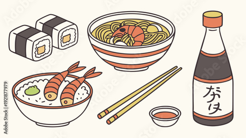 Japanese Food Illustration Shrimp Tempura Sushi Ramen Soy Sauce for Restaurant Menus Web Design Promotion