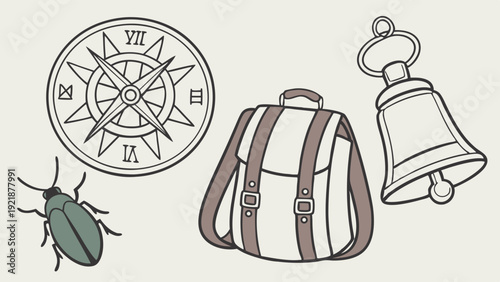 Vintage Travel Adventure Gear Compass Bug School Bag Bell for Exploration Education Journey Design Elements