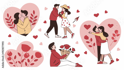 Romantic Valentine Couple Illustrations Set Kissing Hugging Giving Flowers for Love Greeting Cards Web Design Seasonal Sale Promotion