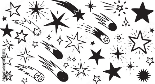 Line surprise icon element set. Hand drawn line sun bursts, cartoon star sparkles, and playful surprise rays with comic starburst and whimsical sunshine comic effect elements. 