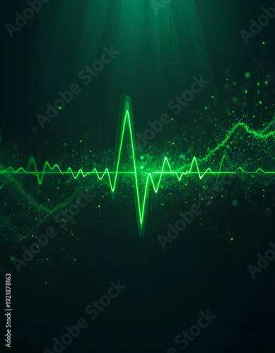 Vibrant green ECG heartbeat line with dynamic particles on dark background