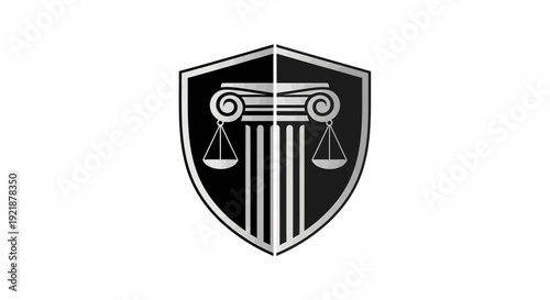 Shield Icon Representing Law and Justice with Column and Balances in Monochrome Style