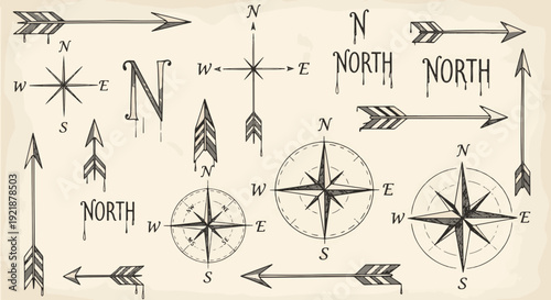 Direction Vector Set of Hand Drawn Vintage Compasses Arrows and North Text Illustrations