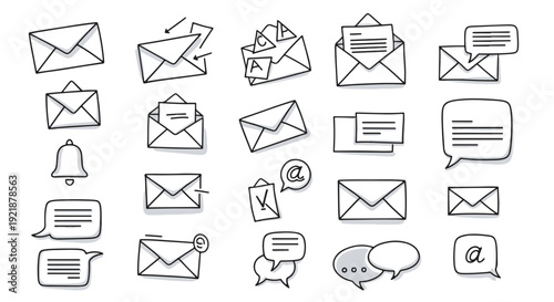 Communication Email and Message Icons Hand Drawn Doodle Style on Black Background