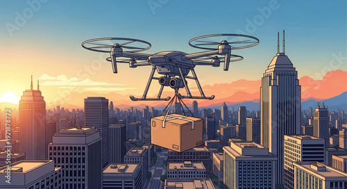 Drone delivering package over city skyline at sunset.