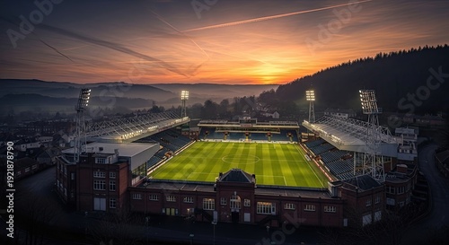Aerial view of a stadium at dusk with illuminated field and sunset sky