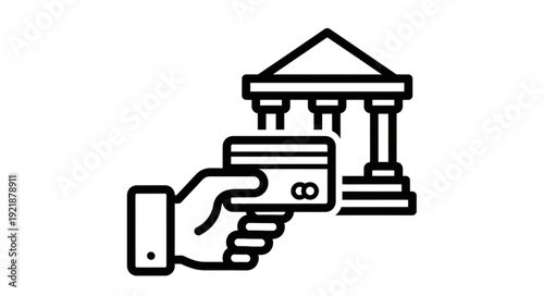 Hand holding credit card in front of bank building icon.
