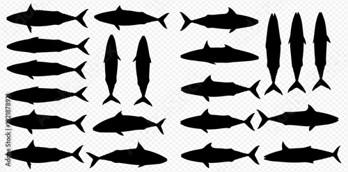 A collection of black shark silhouettes viewed from the side and top, isolated on a white background.