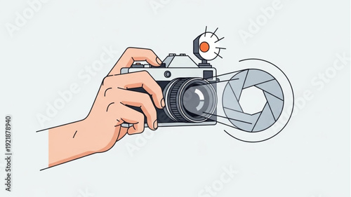 Hand holding vintage camera with flash and aperture diagram.